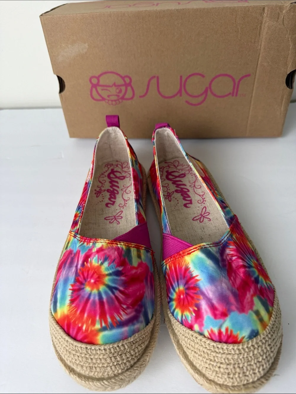 NIB Sugar Tie-Dye Espadrille Platform Flats - Pink Multicolor 8 Medium